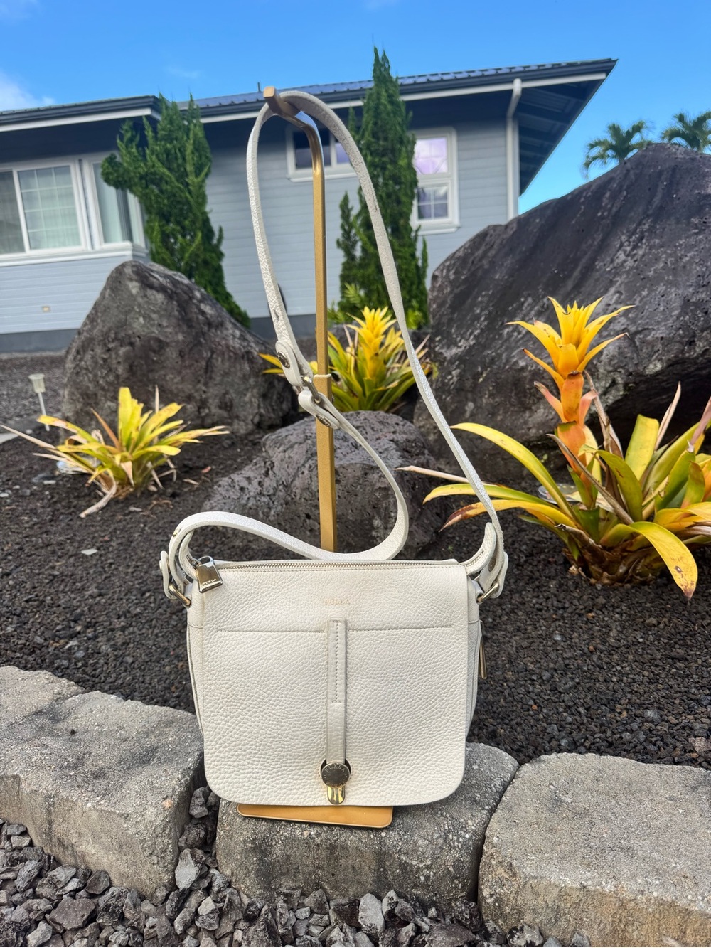 Furla White Pebbled Leather Crossbody Bag Made in Italy